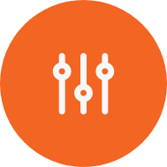 An orange circle with three white dots and lines